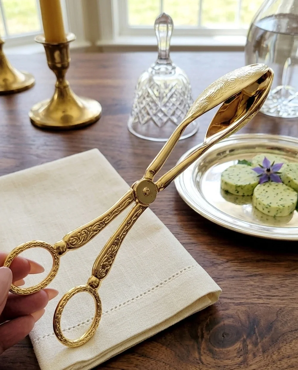 Gold Tone Ornate Floral Tongs EP Zinc Alloy 8 Inch Serving Utensil